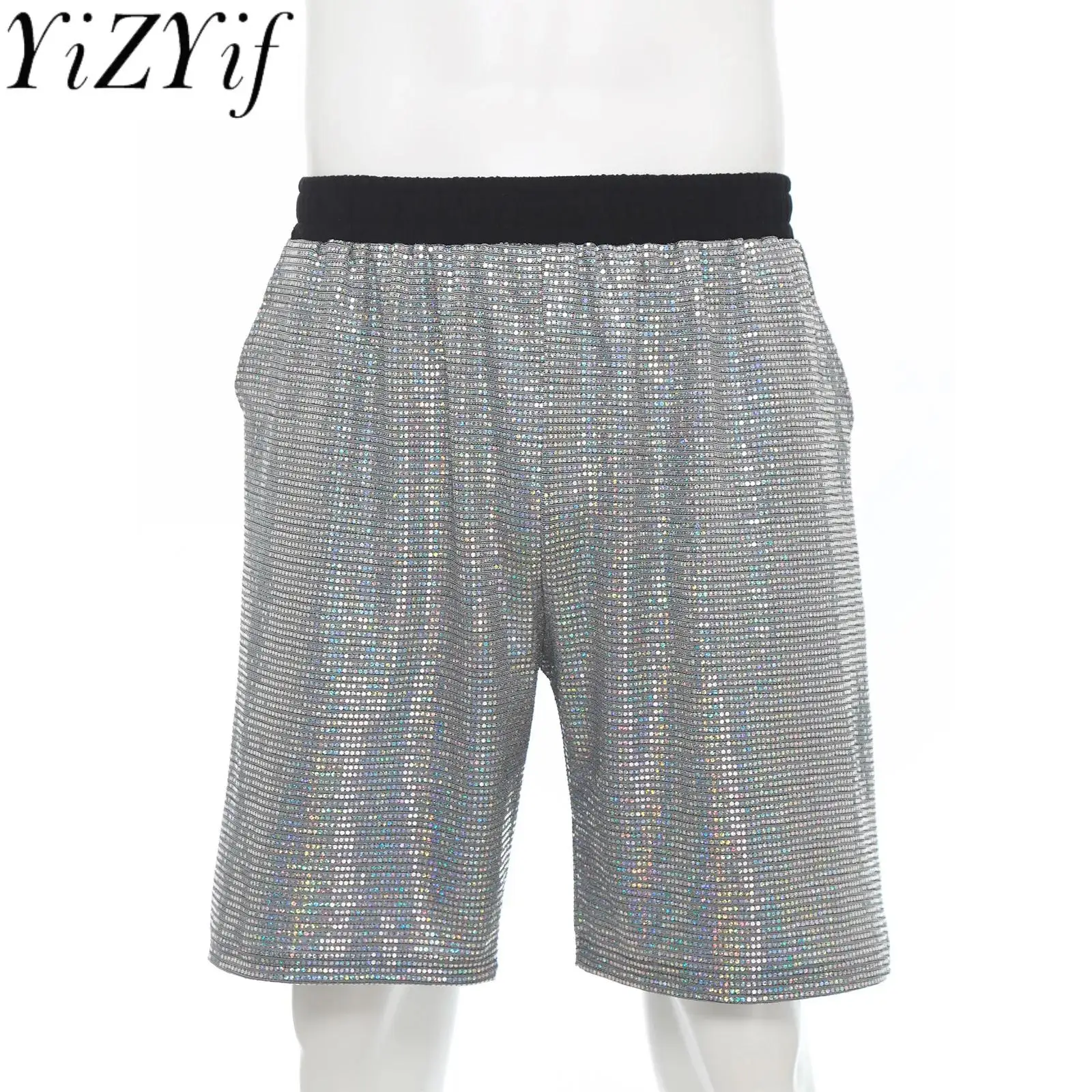 

Men Shiny Summer Casual Shorts Elastic Waistband Shiny Sequins Mid-half Shorts Fashion Daily Workout Sport Shorts Bar Club Wear