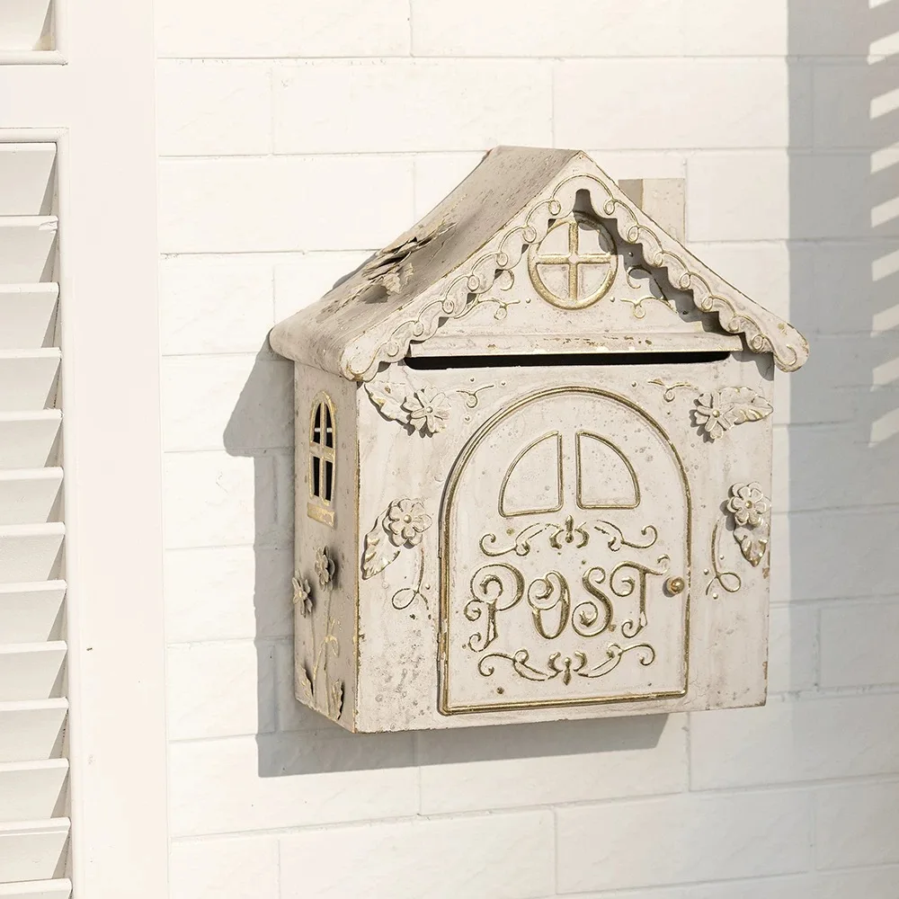 

Vintage House Shaped Wall Mount Mailbox, Distressed Metal Post Box with Decorative Floral Details, 13x14.8x5.9 Inches