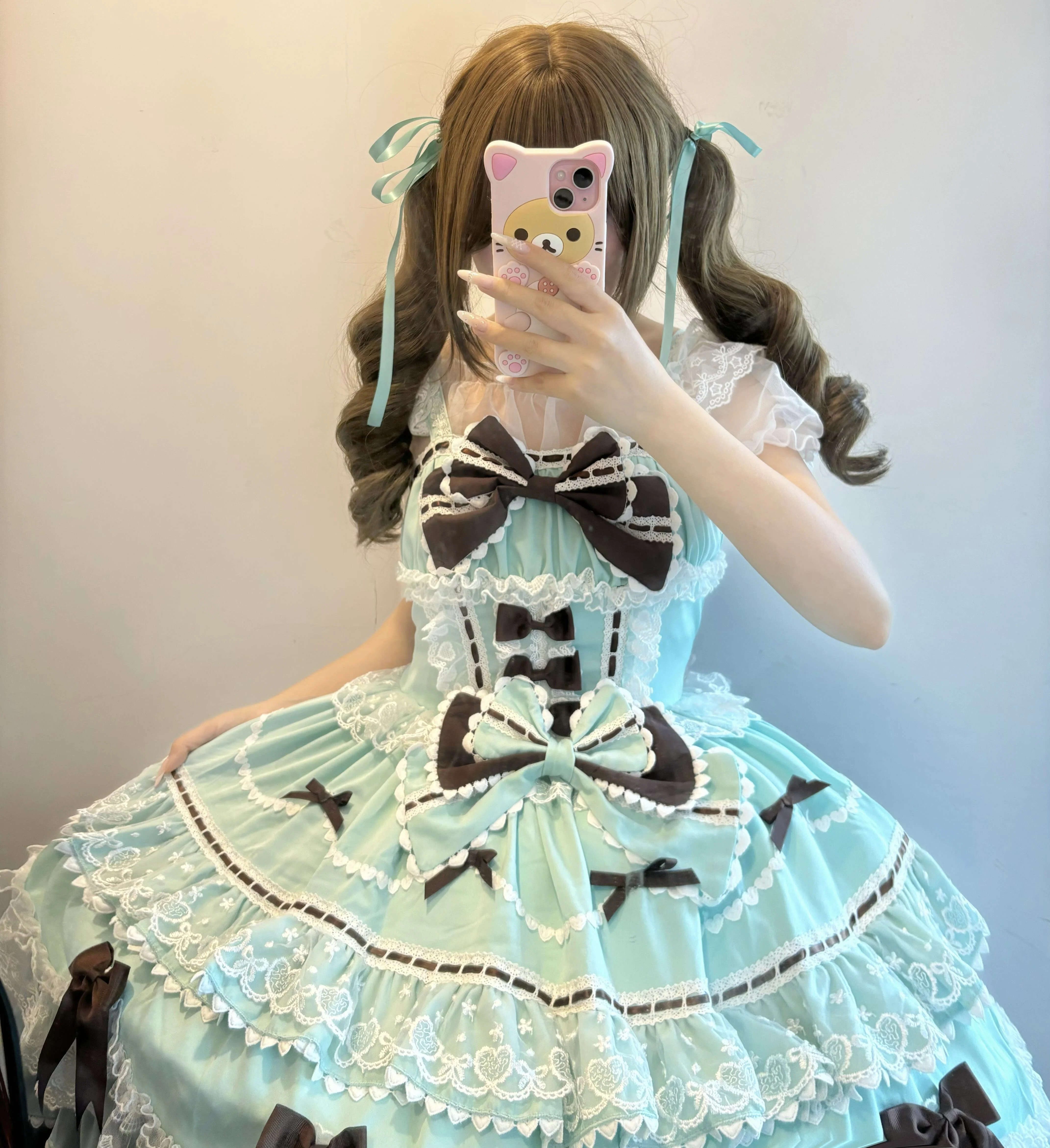 Sweet Cute Candy-colored Mint Chocolate Lolita Kawaii Cake Dress JSK Bow Lace Women's Plus Size Suspender Dress