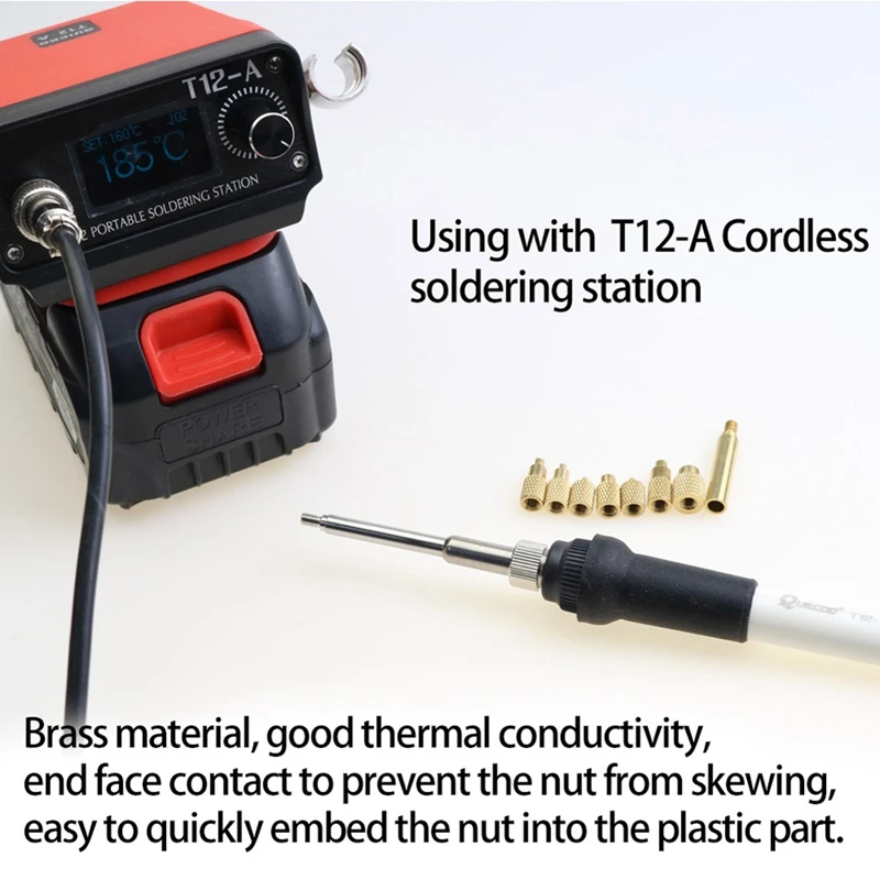 Tuerca de inserción térmica Punta de hierro T12 Punta de soldador Inserto Punta de rosca interna M2-M8 Kit de inserción de tuerca caliente de latón-A22G