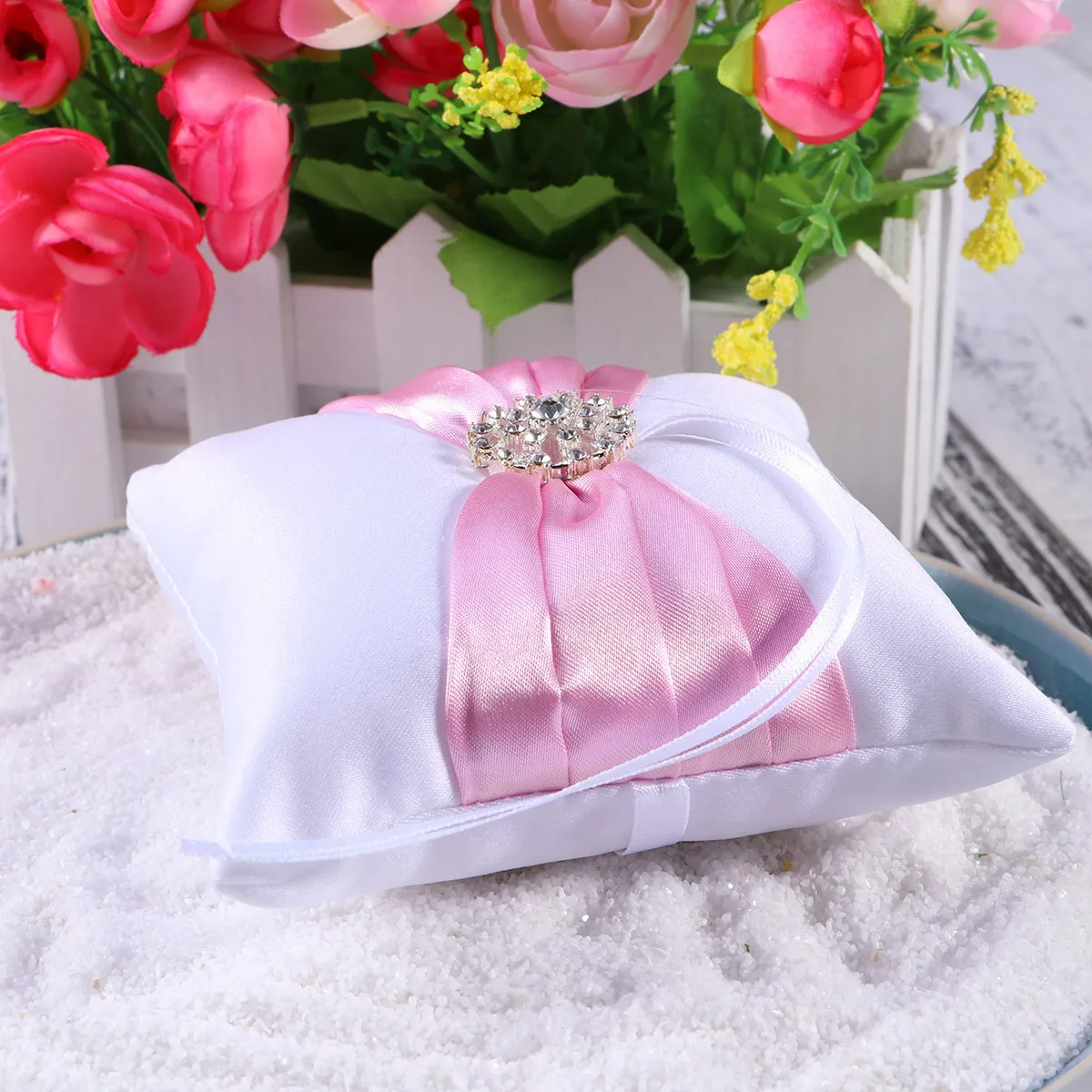 

10X10Cm Rhinestone Ring Pillow Lace Wedding Bearer Cushion For Ceremony Engagement Party Decorations Pink