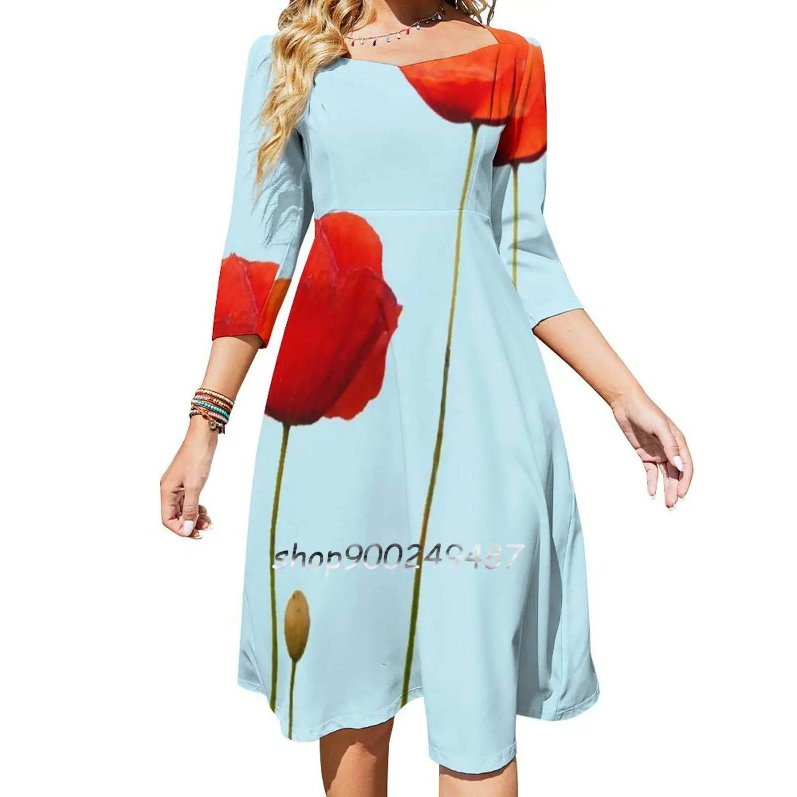 Poppy Square Neck Dress Cute Loose Print Dresses Elegant Beach Party Dress Amapola Poppy Red Rojo Flor Flowers Blanco White