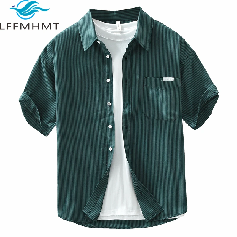 

8052 Green Strip Short Sleeve Men Shirt Summer Fashion Classical Business Casual Basic Tops 100% Premium Cotton Soft Cozy Blosue