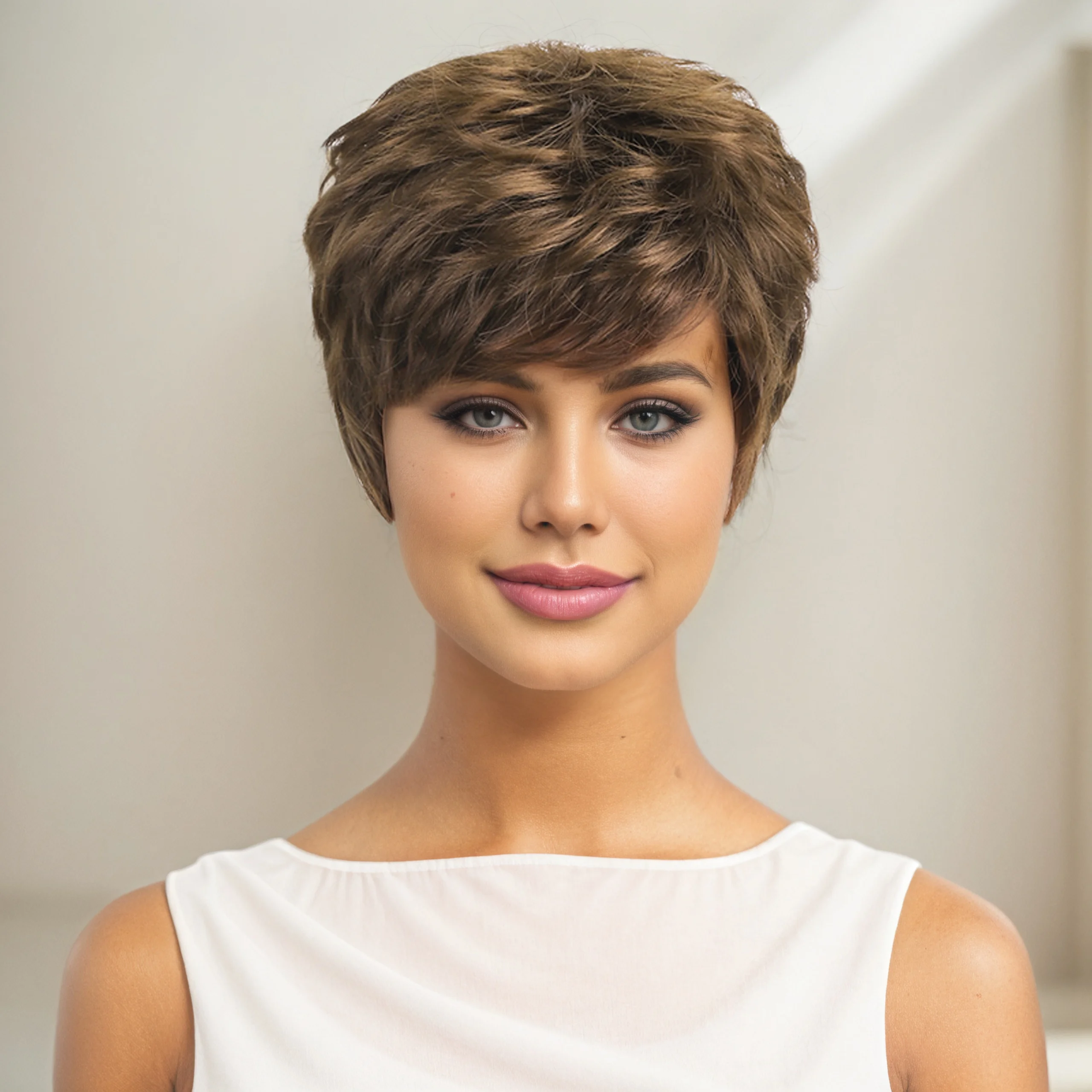 

European and American fashionable women with short curly hair and brown slightly curled bangs Synthetic fiber wig
