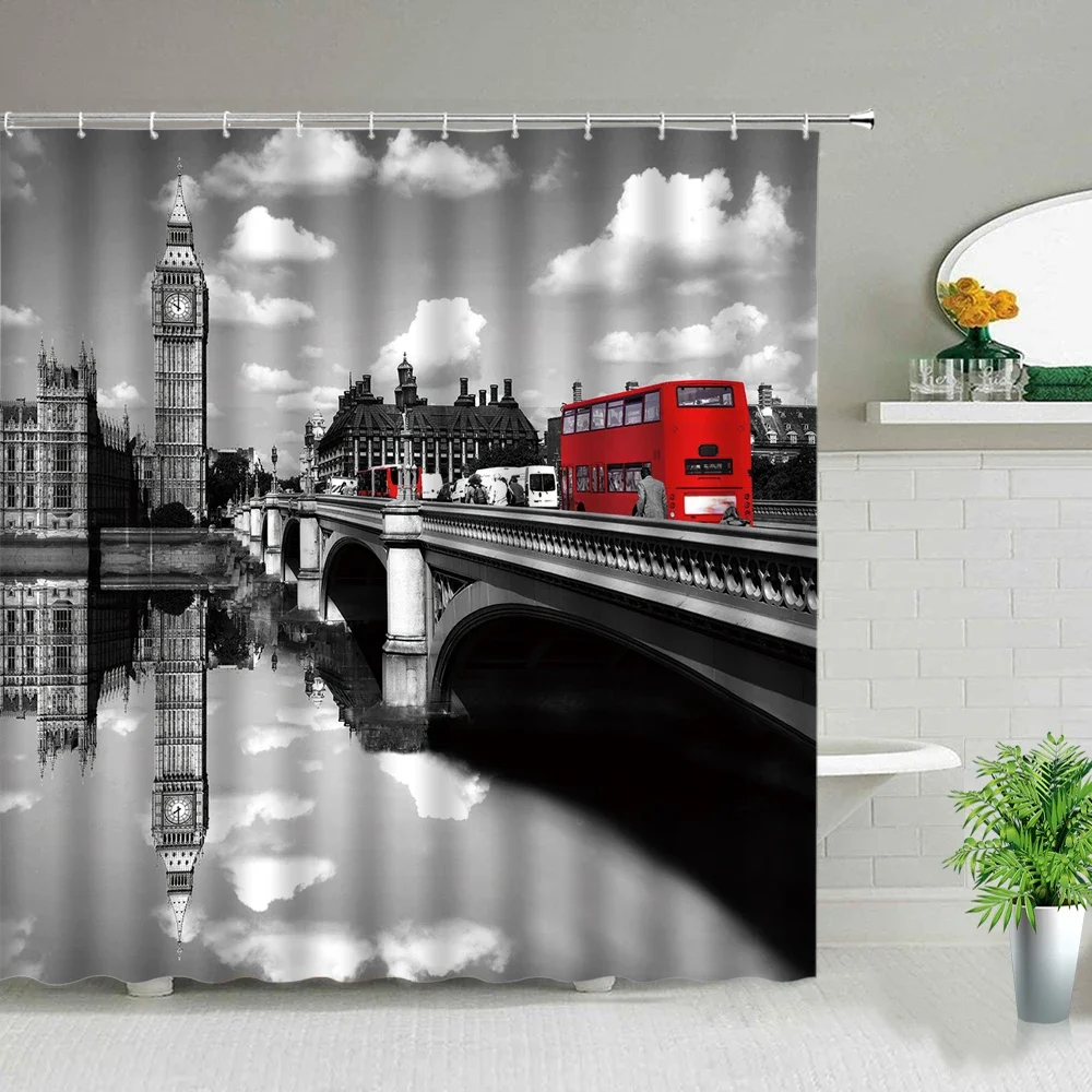 London Big Ben Paris Tower Red Bus Shower Curtain Building Landscape Bathroom Curtains Waterproof Fabric Bath Screen With Hooks