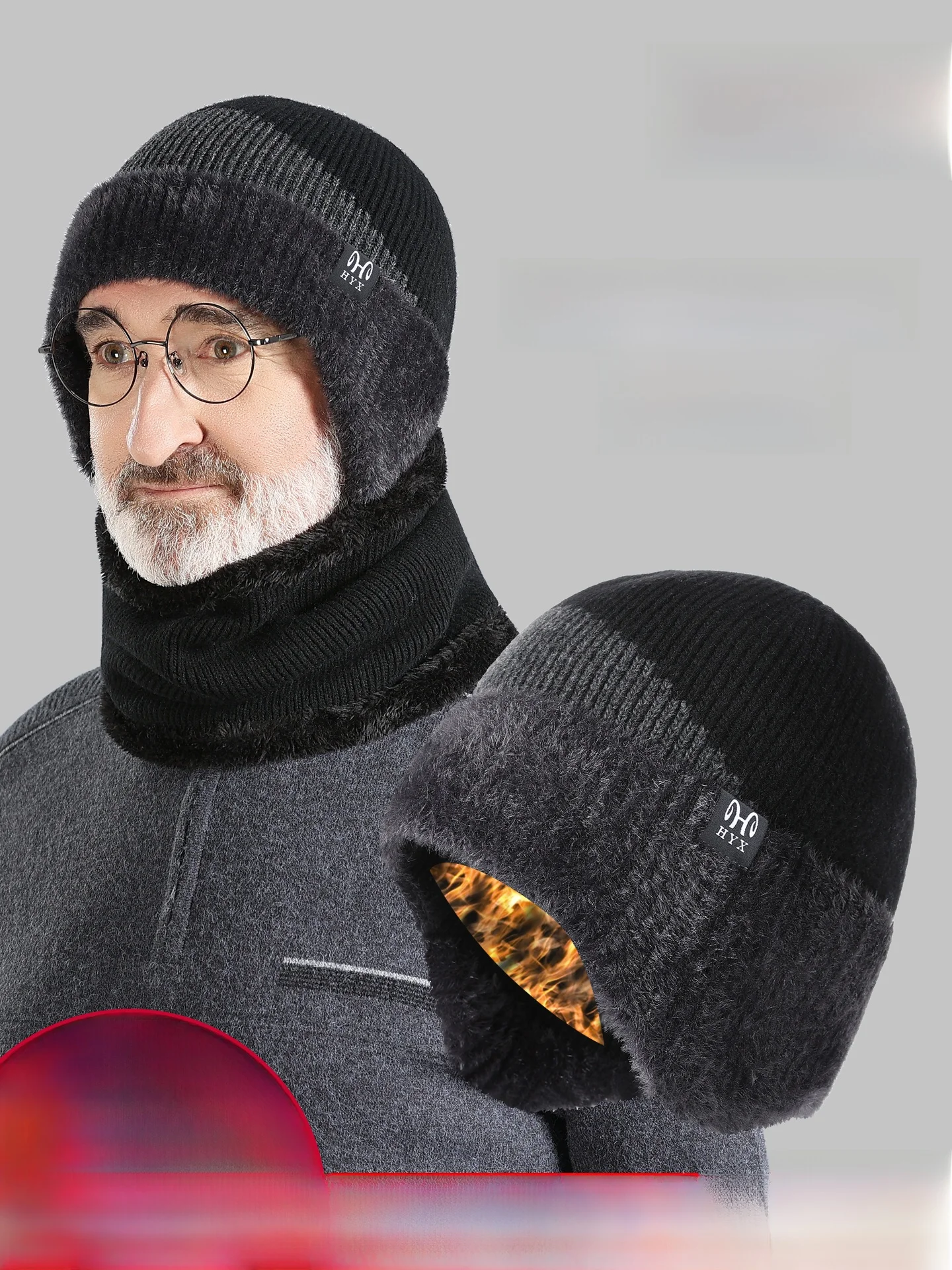 暖かいフリース裏地付きニットウール帽子男性用冬アウトドアカジュアルスタイルラウンドトップつばなしキャップ高齢者や中年向けに厚く加工