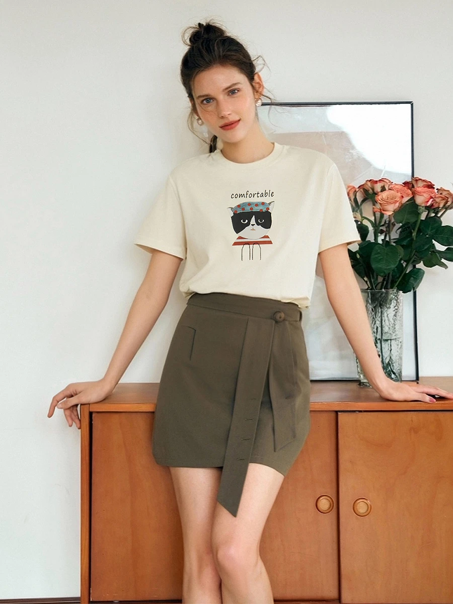 

OLrain женские футболки с короткими рукавами и графическим рисунком, женские летние 2022, повседневные вязаные топы из чистого хлопка с принтом, женская одежда O57XT98621