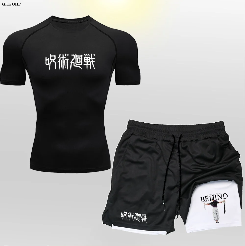 Anime Jujutsu Kaisen Compression Suit Outdoors Running Set Men Tracksuit  2 in 1 Shorts Sportswear Men Suits Gym Jogging Trained