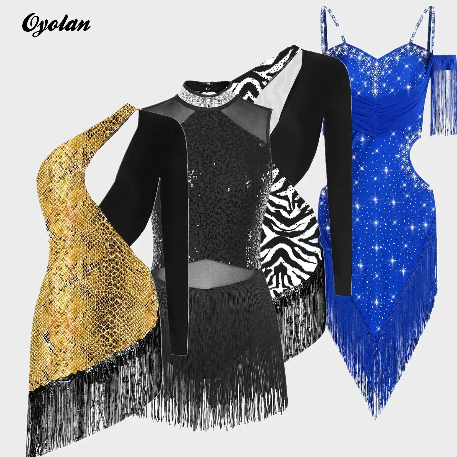 

Womens Print Gymnastics Leotards Latin Ballet Dance Performance Costume Rhinestones Sequins Tassel Samba Ballroom Dance Dress