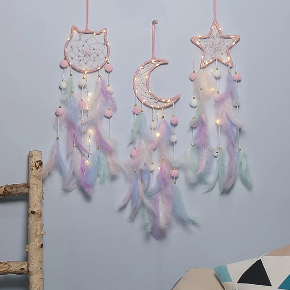 Kawaii Dreamcatcher Suncatcher Feather LED Light Moon Star Cat Catcher Room Indoor Window Car Hanging Garden Decoration Gift