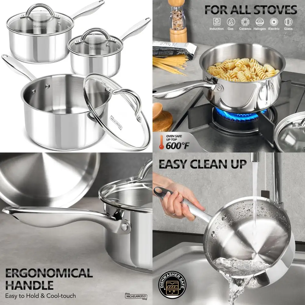 

Набор кастрюль Michelangelo из 6 предметов: нержавеющая сталь 18/10 с крышкой, трехслойное дно, антипригарное покрытие, индукционная совместимость