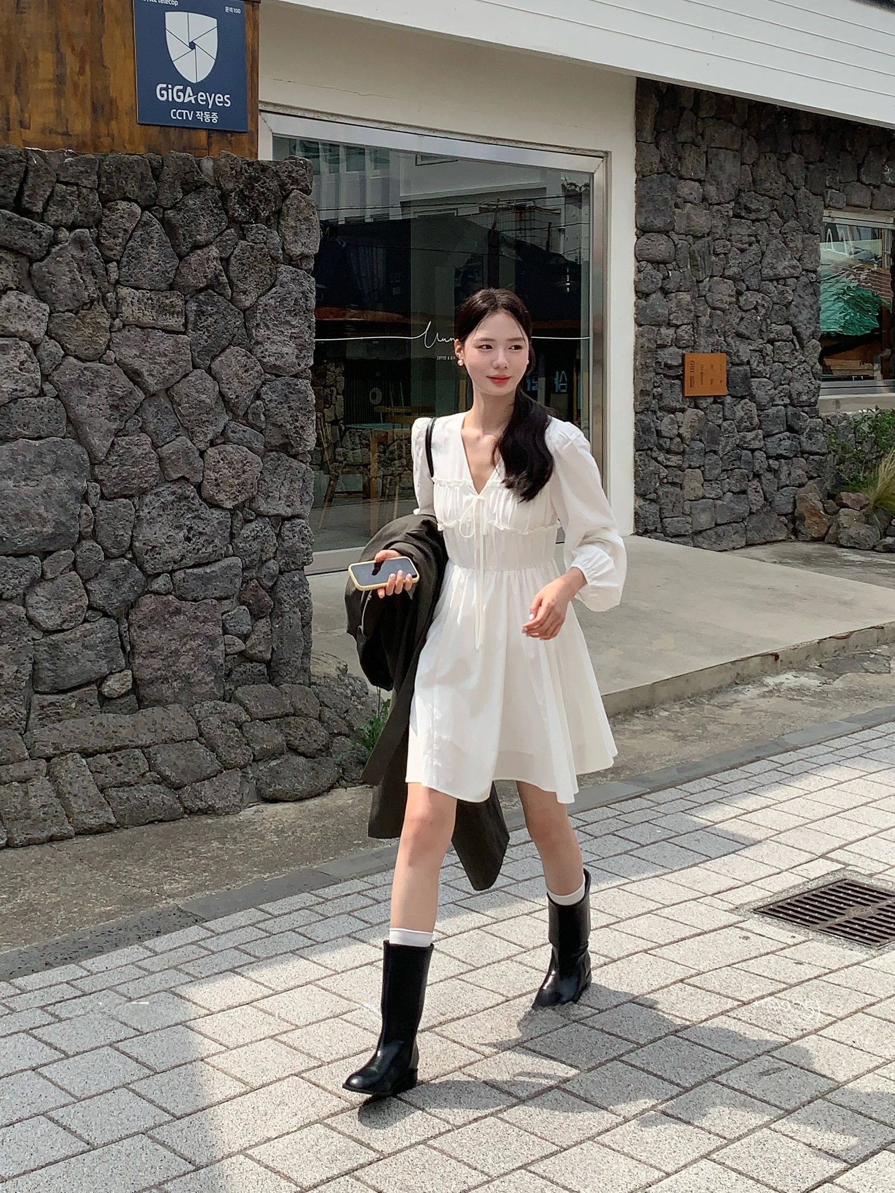 

Cotton Lantern Sve Waist Cinched Dr Korean Sle Commute A-Line Skirt Long Sve V-Ne Daily Wear Women's Dr