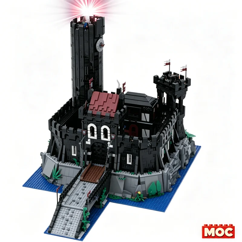 NEW 7824PCS MOC Wolfpack Castle Medieval Black Fortress with Lighthouse Tower Drawbridge Water Base Building Blocks Diorama Gift
