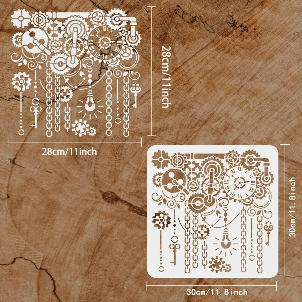 Gear Stencils 11.8x11.8 inch Clock Painting Stencil Plastic Clock & Key & Gear Patterns Stencil Steampunk Stencils Reusable