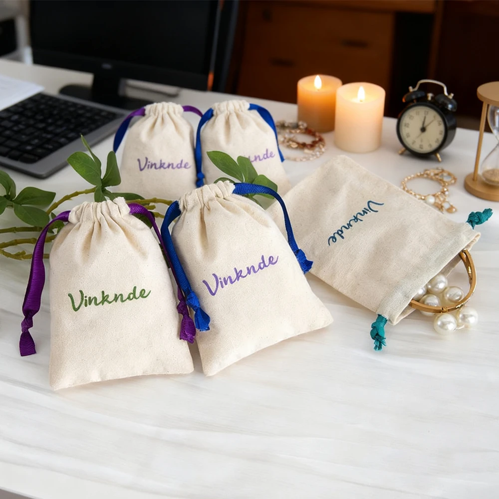 

100pcs 9*12 cm Nature Cotton Canvas Drawstring Bracelet Pouch with Grosgrain Ribbon Custom Beige Jewelry Bags Hoop Earrings Pack