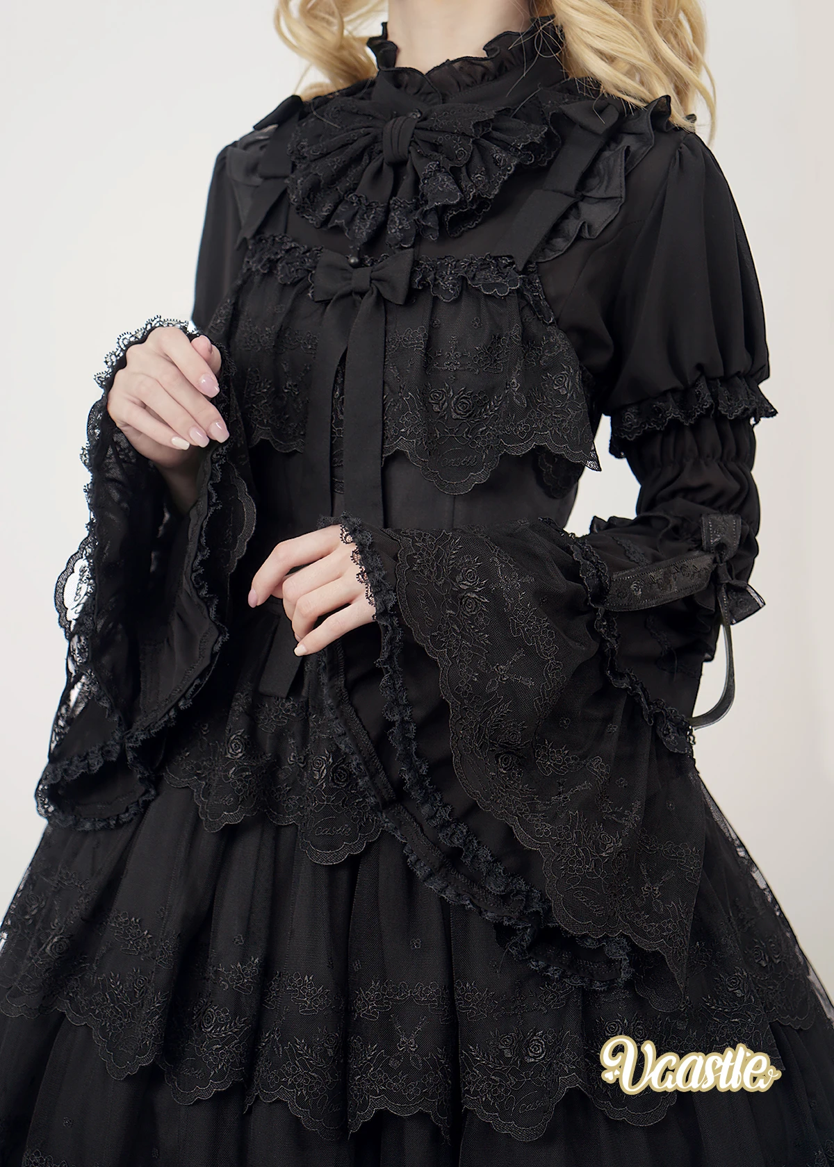 Camisa de manga de princesa con mangas acampanadas desmontables, camisa de estilo japonés con cuello de lazo de Color sólido, vestido gótico de Lolita para mujer, novedad de 2025