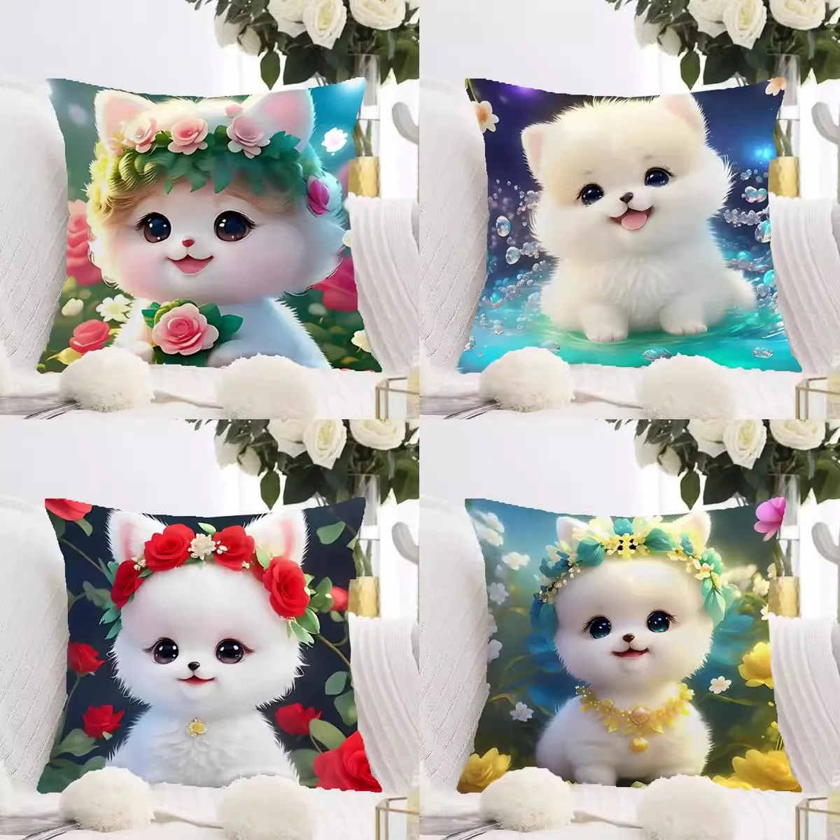 

White Cat and Dog Pillowcase Dormitory Decoration Office Living Room Sofa Home Pillowcase