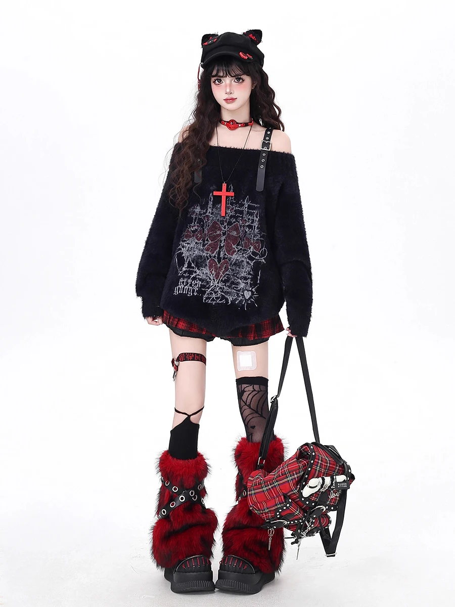 REDDACHiC Cybergoth Fuzzy Leg Warmers Punk Eyelets Belt Faux Fur Boots Cover Winter Socks Women Concert Festival Cosplay Costume