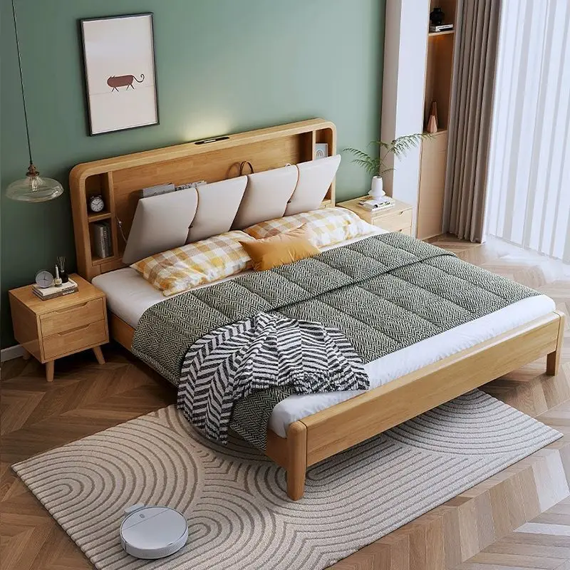 

All solid wood modern simple Japanese log wind oak double master bedroom wedding Nordic bedroom with soft bag storage
