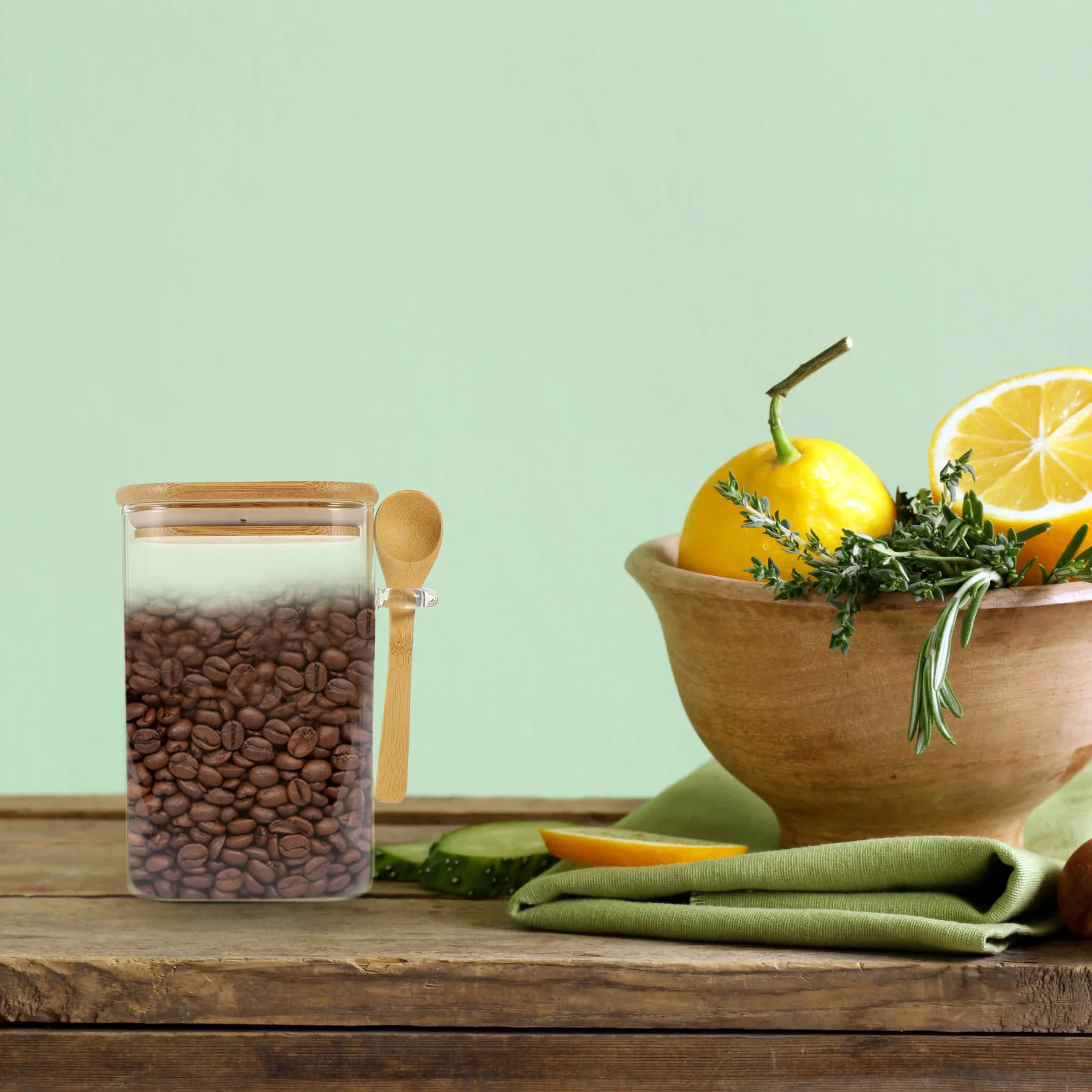 

1Set Square Sealing Tank High-Class Glass Wood Material Kitchen Cereals Sealing Jar Tea Candy Flour Grains Storage