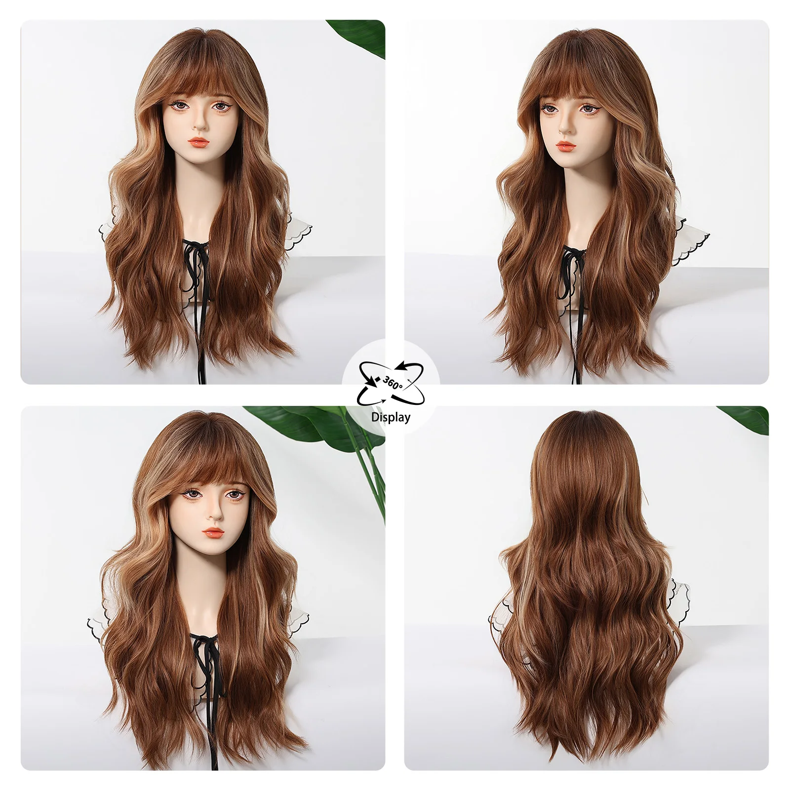 Balayage منتصف الظهر موجة شعر مستعار مع الانفجارات بلانت الكستناء البني تسليط الضوء على شقراء الطبيعية مجعد شعر مستعار اصطناعي للنساء مقاومة للحرارة