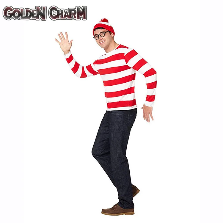 Wheres Waldo Striped Shirt Youth Kids Boys Wally Costume Shirt Glasses and Hat Socks Unisex Adults Halloween Cosplay Costume