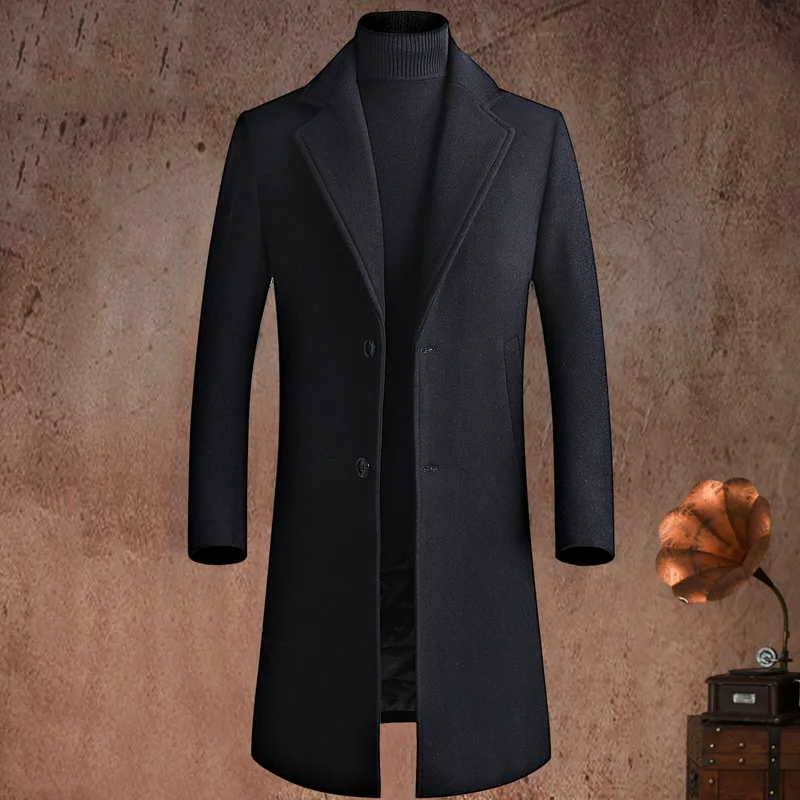 Business Casual Men's Mid-Length Woolen Coats 2026 Winter Solid Color Warm Wool Windbreaker Jackets Outwear Thicken Top Overcoat