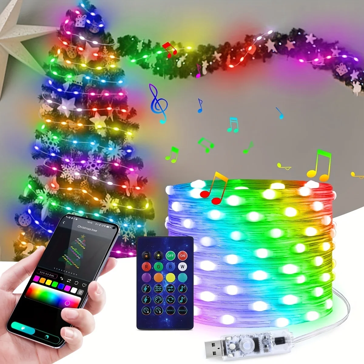 Smart IC LED String Light WS2812 Bluetooth Fairy Light Adresowalny USB 5V 20m 10m 5m Dreamcolor Music Sync Party Garland Decor
