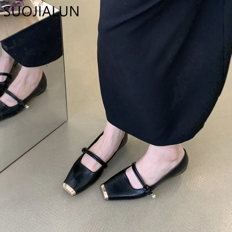 SUOJIALUN 2023 Autumn Women Flat Shoes Fashion Gold Square Toe Ladies Ballet Shoes Soft Casual Flat Dress Outdoor Mary Jane Shoe