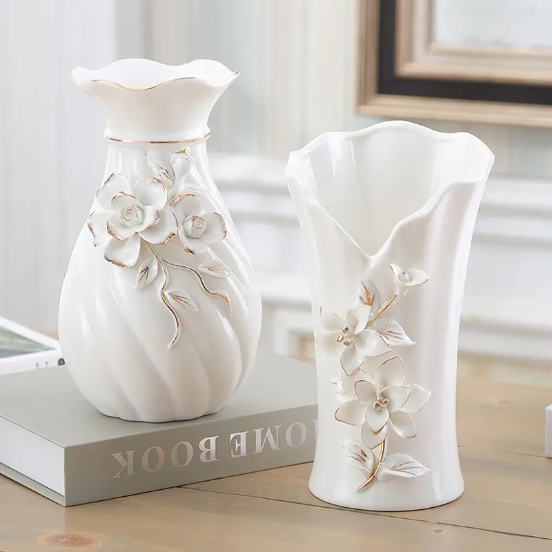 A pair of Nordic style small vases, simple white ceramic ornaments, living room, European style flower decorations, 2 pieces