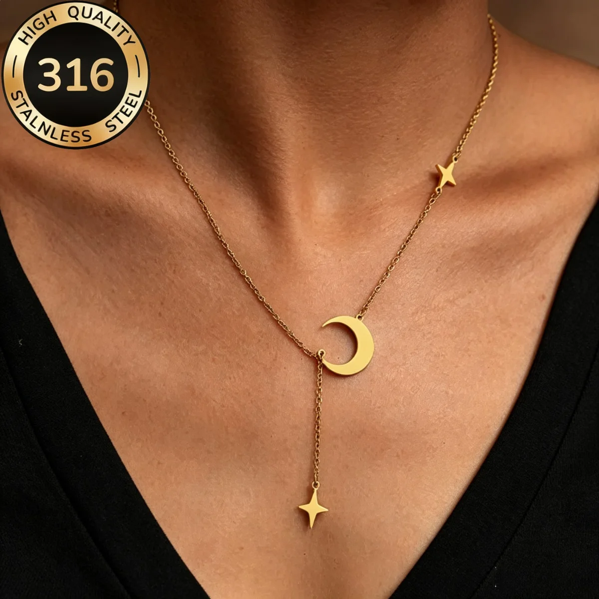 Neue, schlichte Halskette mit Anhänger in Form von Mond und Stern, schlichtes, goldfarbenes Design, Damenmodell, aus Edelstahl, mit Quasten- und Charm-Anhängern, Schmuck.
