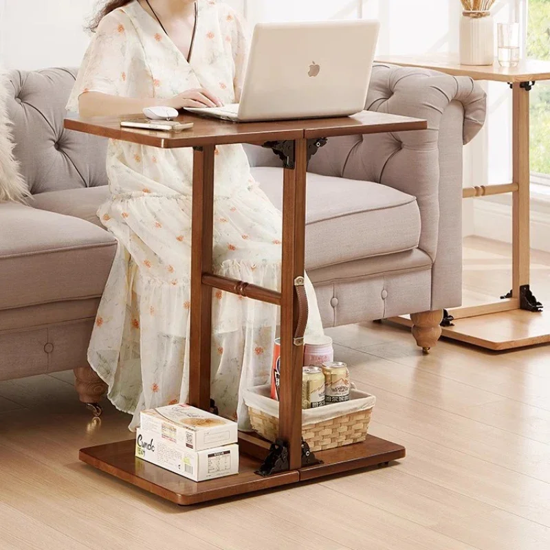 Portable Solid Wood Folding Computer Desk Sofa Side Table Bedside Movable Small-sized Folding Table with Wheels Mesa Escritorio