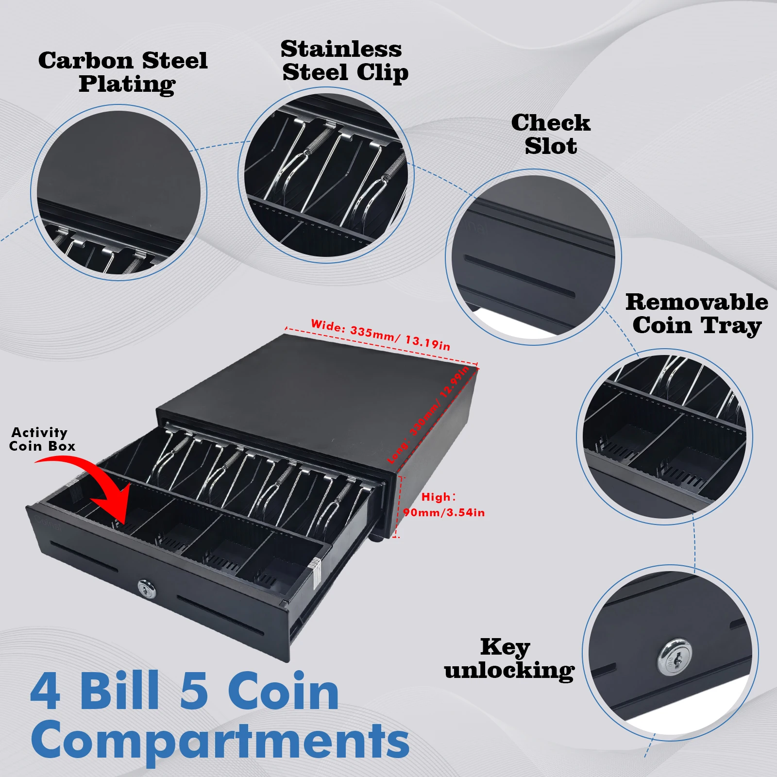 

Coinal Cash Register Drawer,black, 33.5x33x9cm, 5.2kg, 13'', 4 Compartments For Paper Currency Storage, 5 Coin Storage Compartm