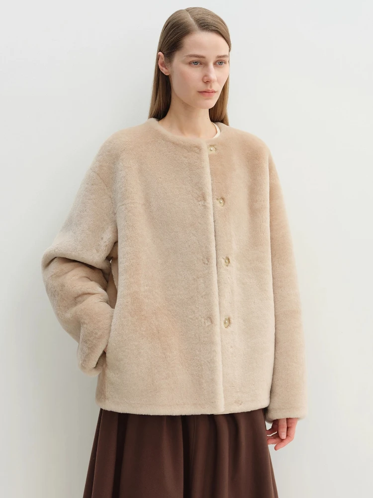 الراقية الفاخرة ميرينو الأغنام الفراء امبسوول سترة للنساء بسيطة الكلاسيكية س الرقبة الشتاء جلد طبيعي معطف الفراء الحقيقي شيرلينغ #4