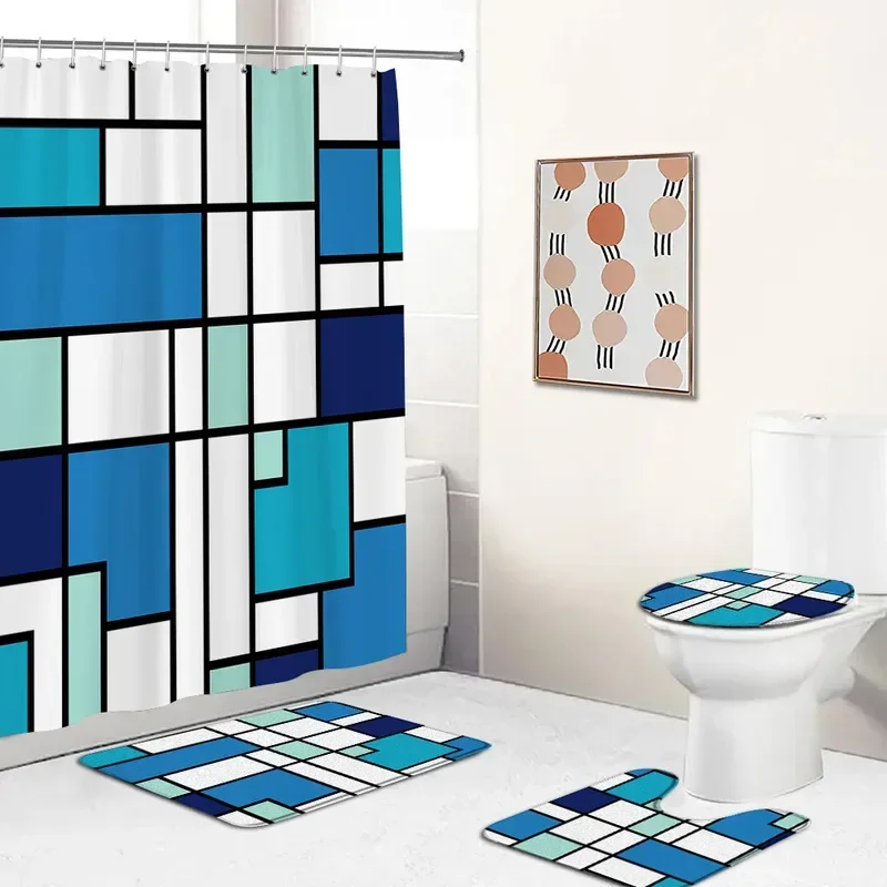

Creative Geometric Shower Curtains Bath Mats Sets Black Line Blue White Plaid Splicing Bathroom Decor Door Rugs Toilet Cover Mat
