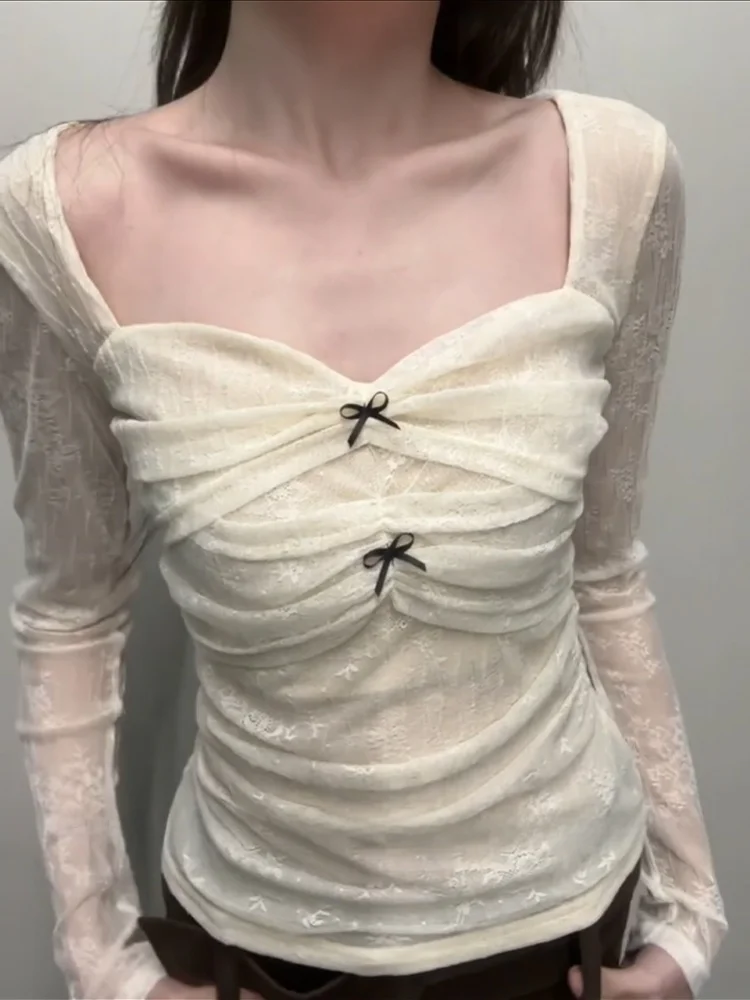 

Женская футболка Pure Desire с квадратным вырезом и длинными рукавами, весенний дизайн, облегающий крой, универсальный базовый топ