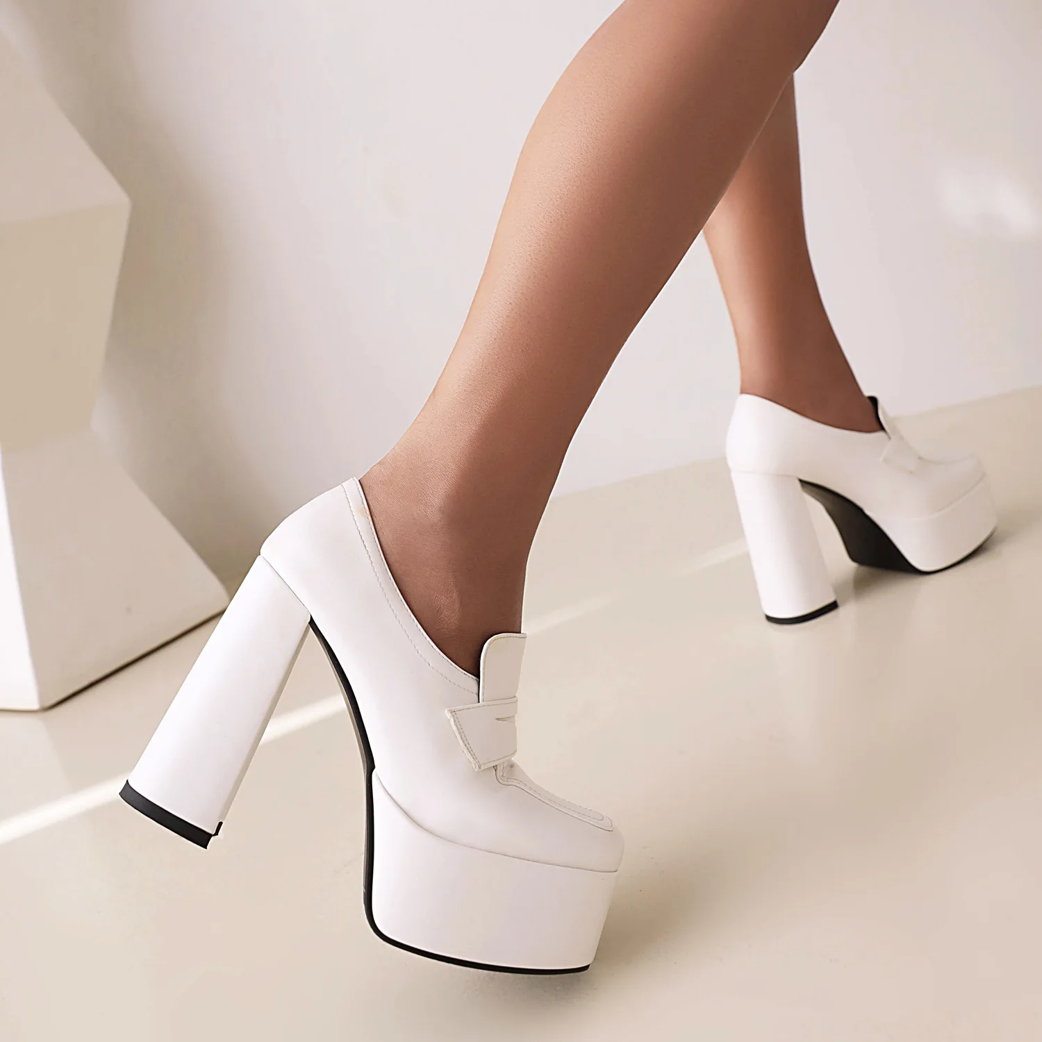 Autumn High Platform Fashion Women Pumps Pink White Soft Leather Square Toe Thick Heels Party Woman Office Shoes Plus Size 34-43