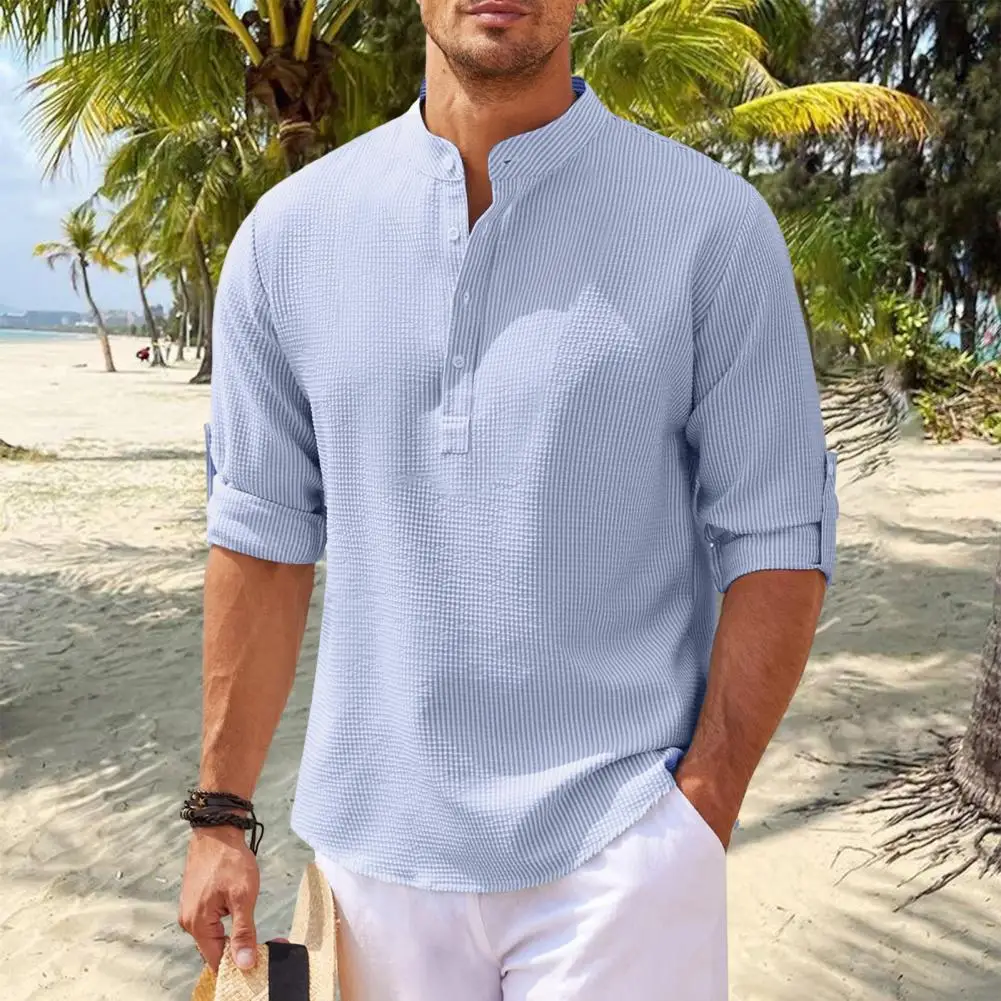 Chemise à manches longues pour hommes, chemise à carreaux, col montant, pull décontracté, style plage, boutons pour long