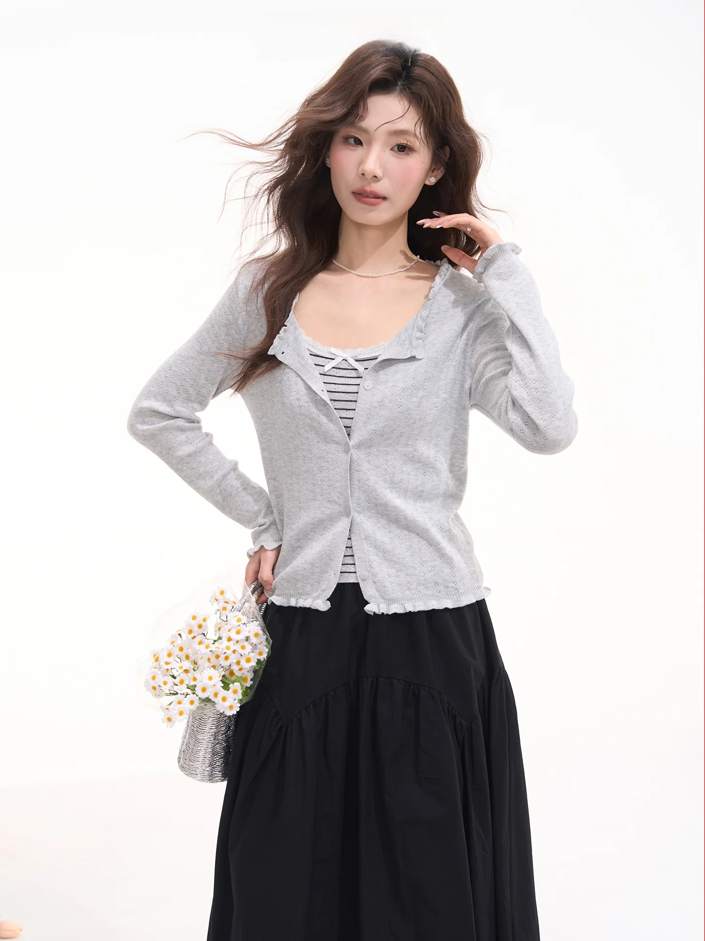 

Gray Romance Striped Knitted Cardigan with Wood Grain Two-Piece Set Women's Spring Fashion Princess Style Long Sleeve