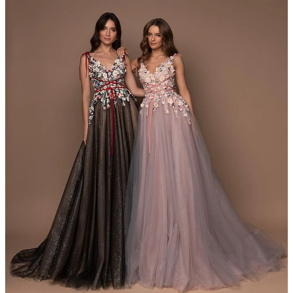 

Elegant V-Neck Evening Dress with Appliques Sequined Chic Flowers Floor Length A-Line Party Gowns Photography Prom Dress 2023