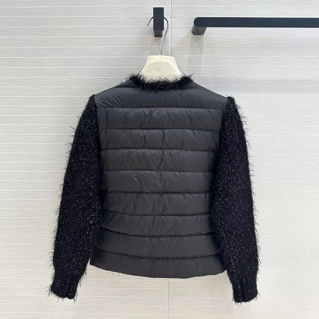 2024 New Fashion Fall Winter Mohair Knitted Patchwork Back Goose Down Coat Women O-neck Gold Buttons Pockets Solid Color Jacket