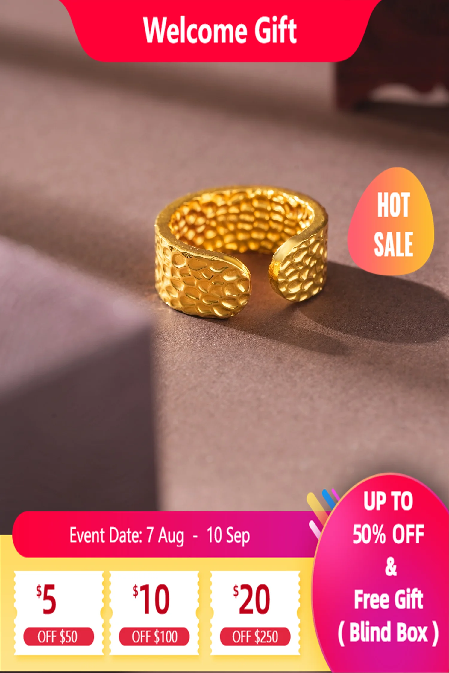 

Lium Gems 24K Gold vermeil 925 Silver Hammer Textured Band Ring 6mm Comfort Fit Ring Adjustable Opening Cuff for Women and Men