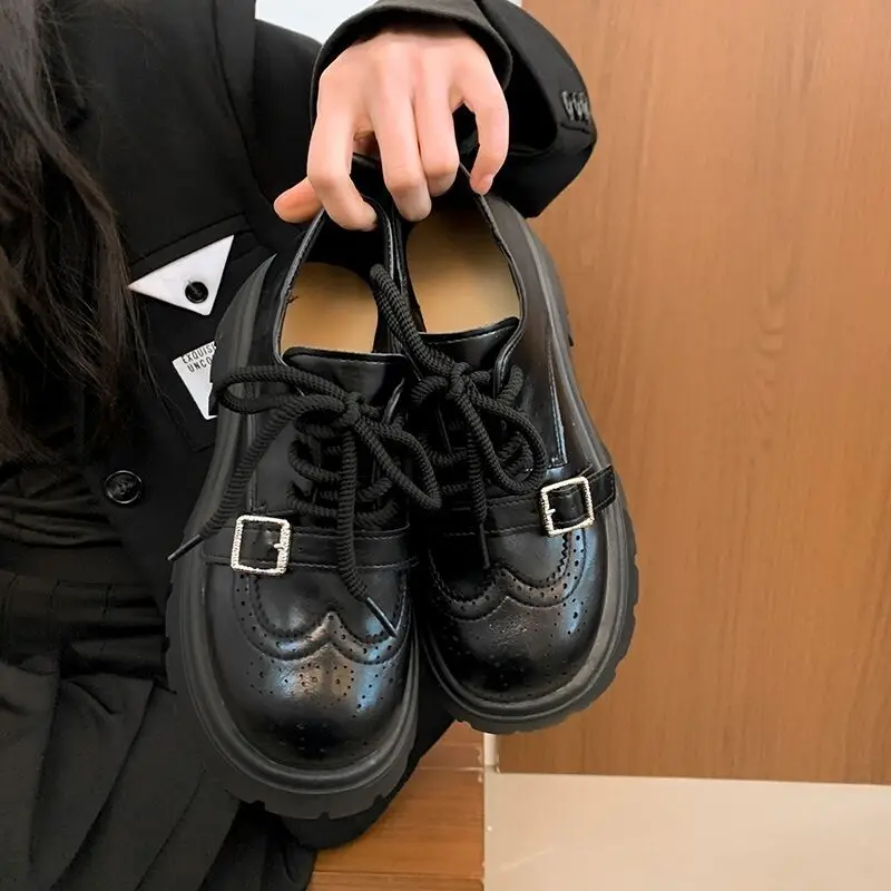 2026 New Women British Style Brogue Loafers Belt Buckle Lace Up Thick Sole Mid Heel Black Casual Dress Shoes