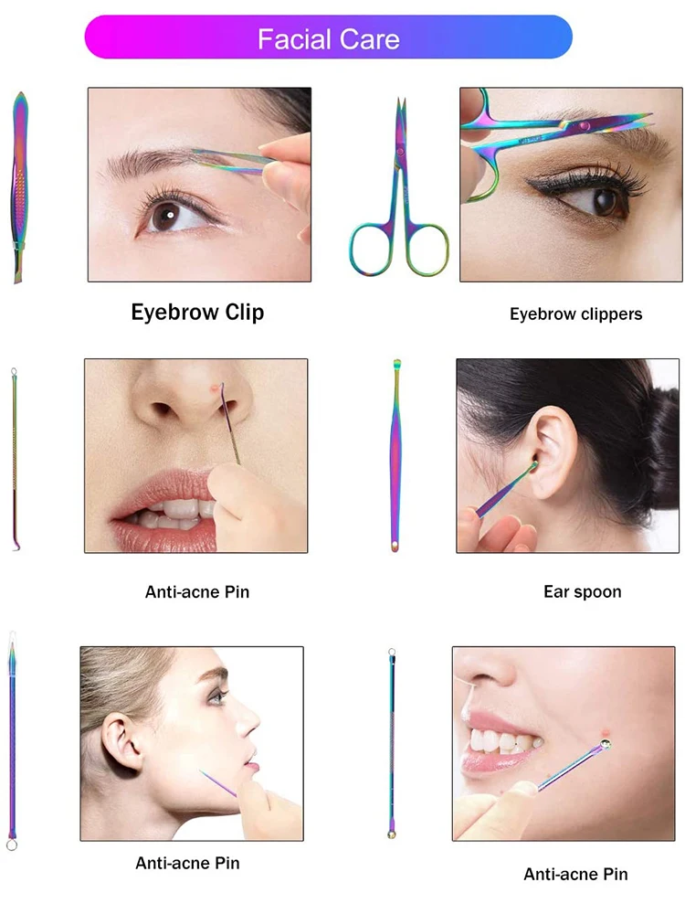 8/18 Elementów Nowy Zestaw do Manicure i Pedicure Rainbow Profesjonalne Narzędzia do Pielęgnacji Paznokci Pilnik Obcinaczki do Paznokci z Skórzanym Etui