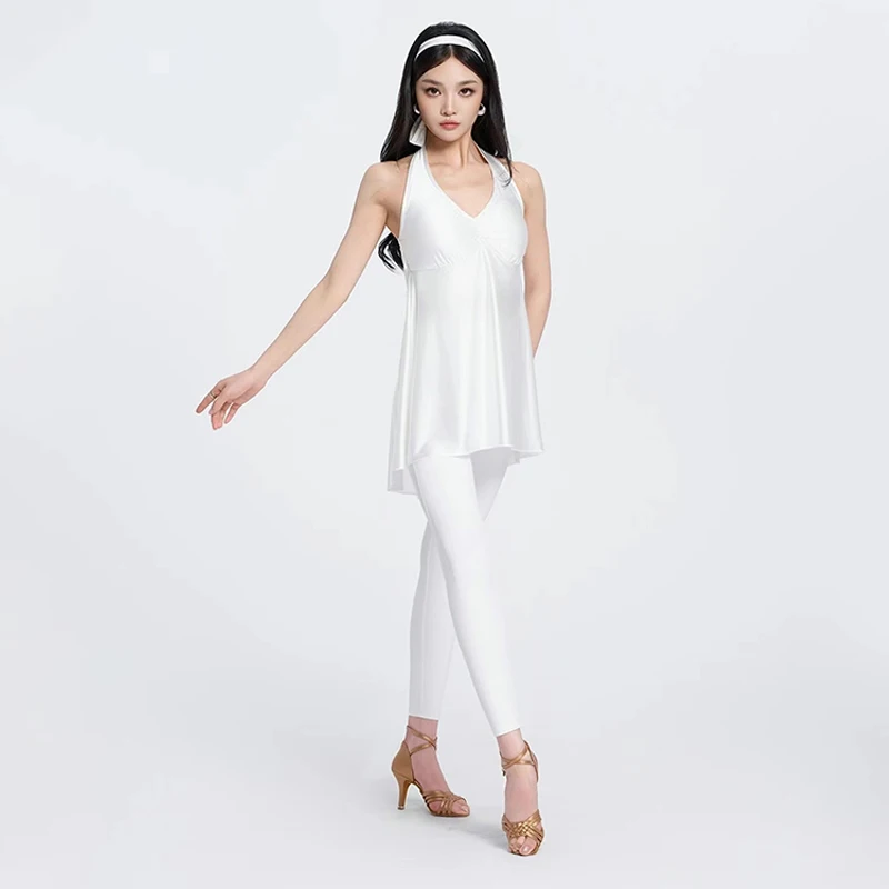 Adulto Rumba Abiti da ballo latino Donna Bianco Nero Top Pantaloni Sala da ballo Pratica di ballo Abbigliamento Summer Club Dance Wear DNV24221