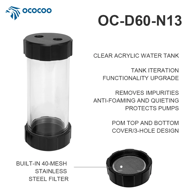 

Акриловый резервуар для водяного охлаждения ПК OCOCOO – цилиндрический, 60 мм внешний диаметр, резьба G1/4, черная крышка, для жидкостного охлаждения OC-D60-N13