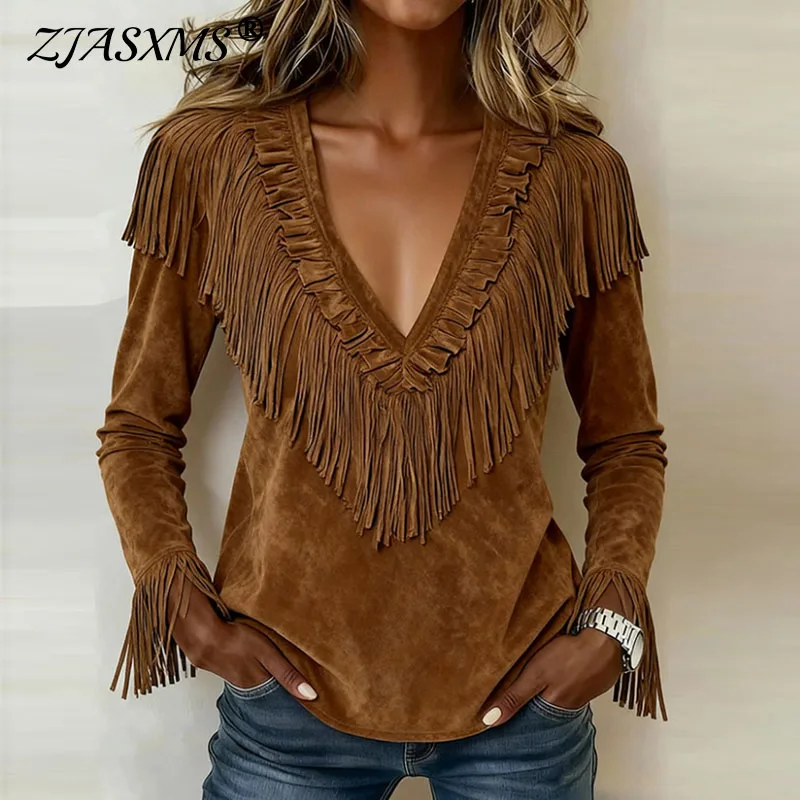 

Сексуальные блузки с глубоким v-образным вырезом и полыми кисточками, женские повседневные однотонные замшевые топы в стиле ретро, рубашка, новый весенне-осенний пуловер с длинными рукавами Harajuku