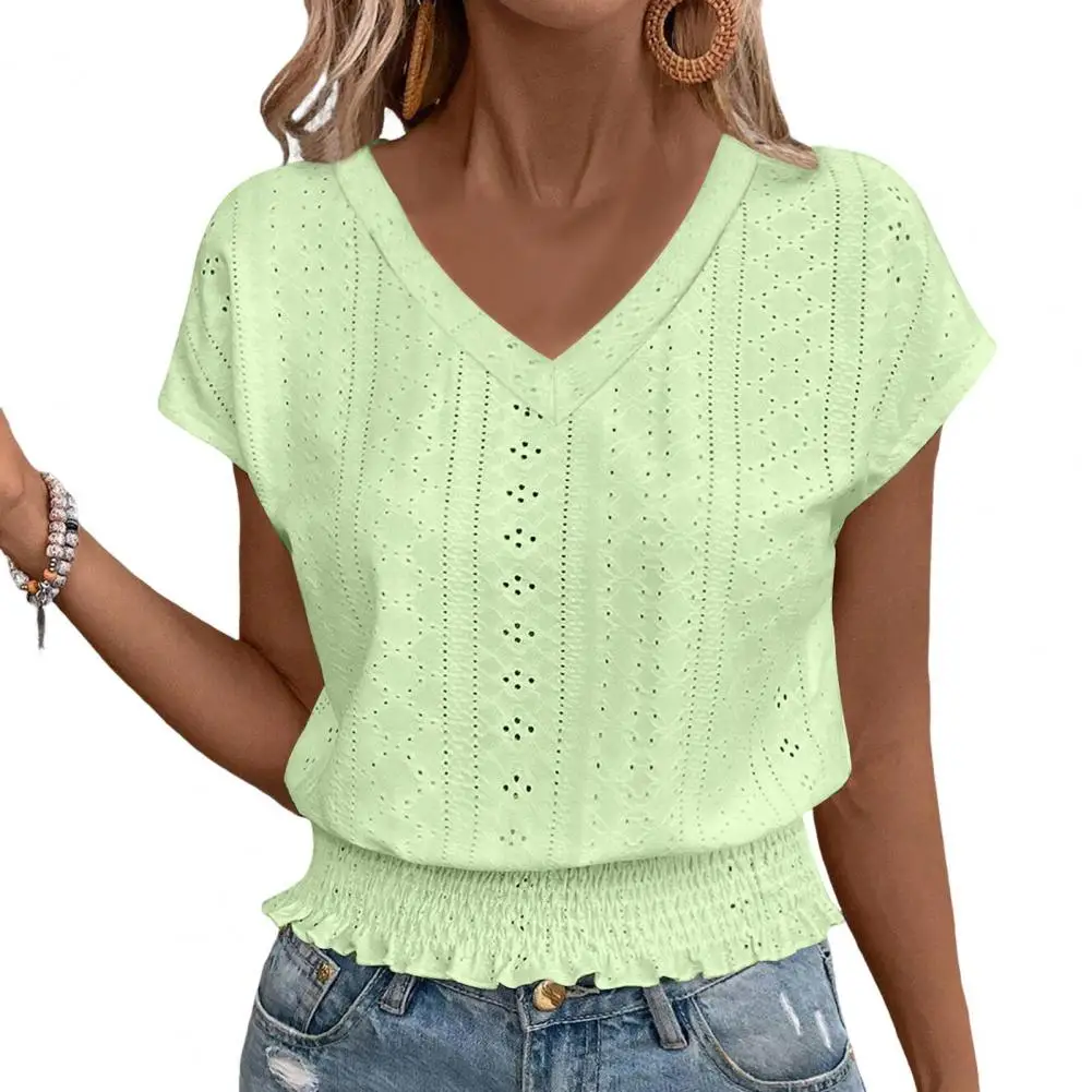 

Women Tops V-Neck Short Sleeve Jacquard Decoration Pullover Tops Solid Color Loose Fit Elastic Hem T-shirt