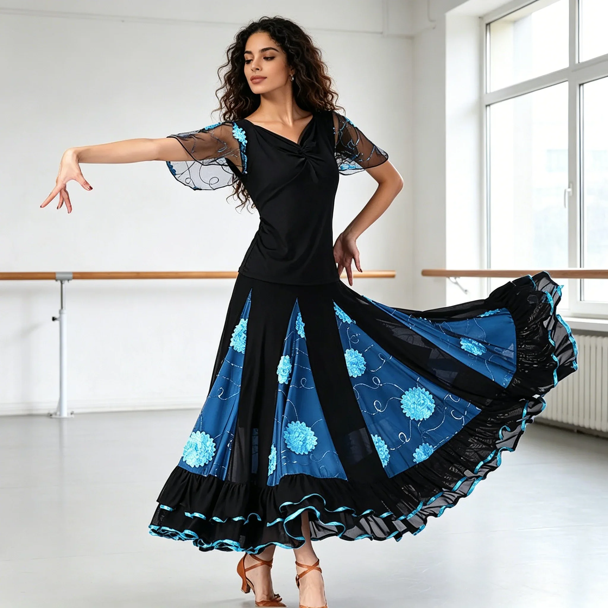 Elegante conjunto para bailar flamenco - 360 ° Top de manga corta de corte circular y falda larga y amplia para fiestas y eventos, disfraz de mujer para actuaciones.