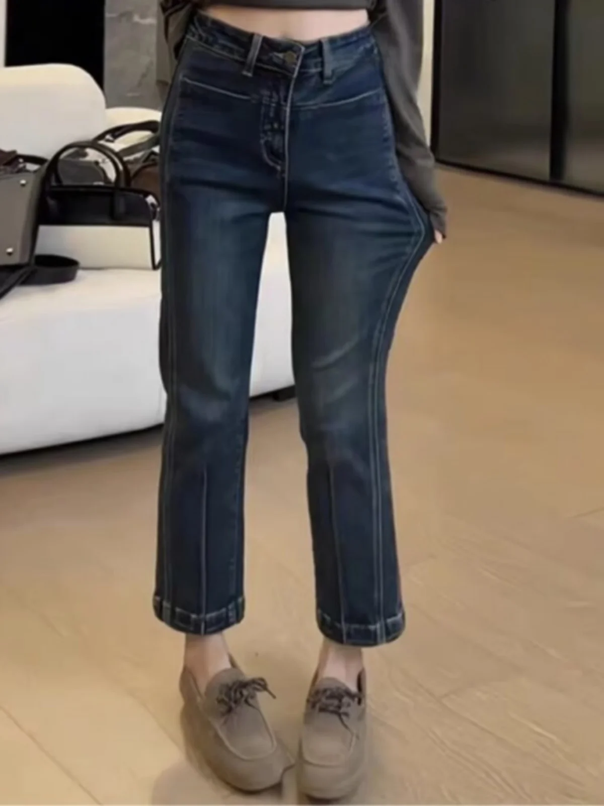 

High Waist Straight Leg Jeans Women's plus Size Elastic Slimming Design Spring Autumn Cotton Stretch Denim Nine Point Smoke P...